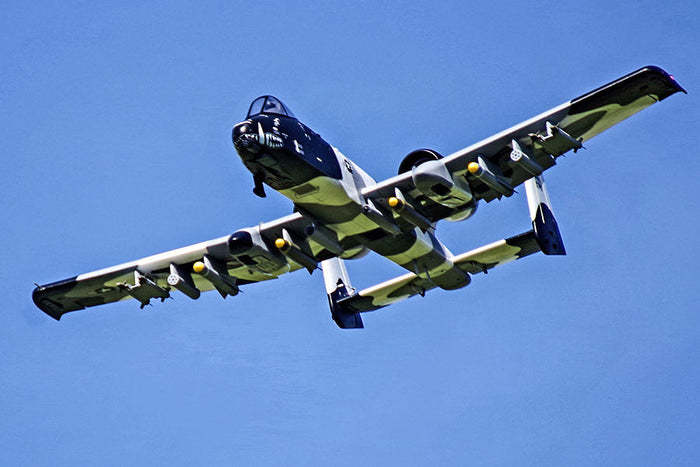 FMS 70mm A-10 Thunderbolt II V2 PNP model jet in flight with shark mouth detail and missiles.
