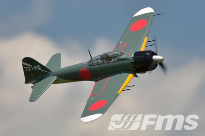 FMS 1100mm A6M5 Zero PNP model airplane in flight, featuring green camouflage, red insignia, and "721-68" tail marking.