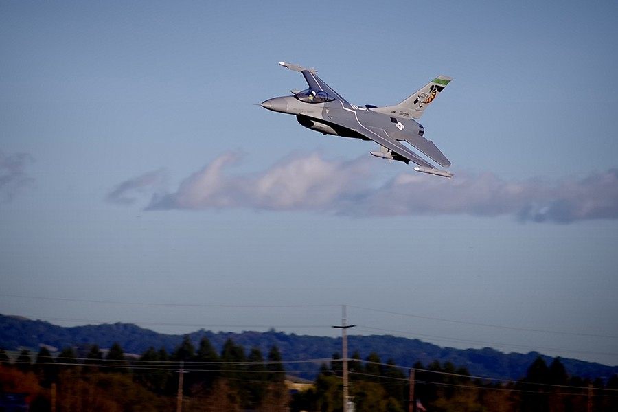 FMS 70mm F-16C Fighting Falcon PNP jet in flight, grey camouflage, blue sky