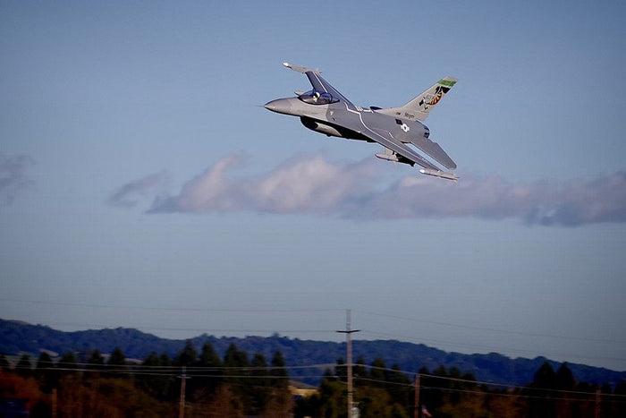 FMS 70mm F-16C Fighting Falcon PNP jet in flight, grey camouflage, blue sky