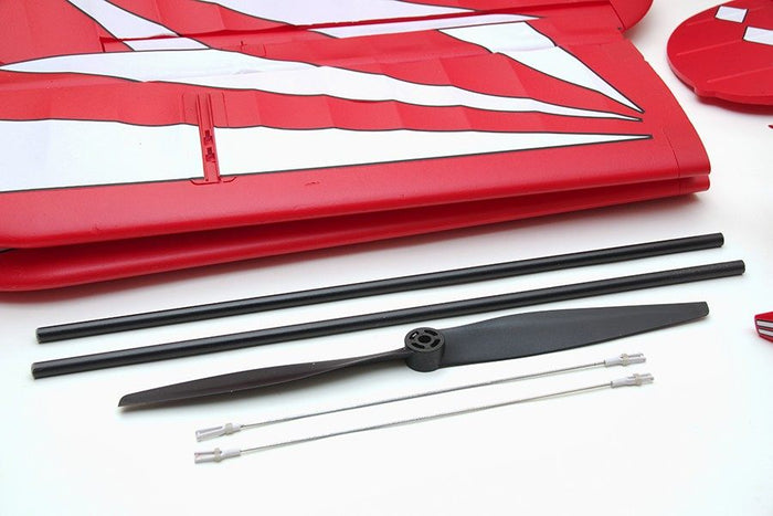 FMS 1400mm Pitts V2 PNP model parts: red and white striped wings, black carbon fiber rods, and a black propeller.