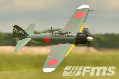 FMS 1100mm A6M5 Zero PNP model airplane in flight, featuring scale details and distinctive Japanese markings.