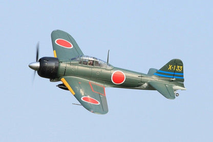 FMS 1400mm A6M3 Zero Green PNP RC airplane in flight with red insignia and tail code X-133.