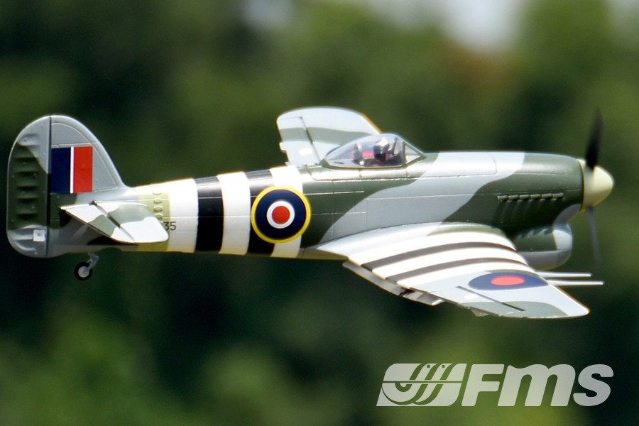 FMS 1100mm Typhoon PNP model airplane with camouflage and RAF markings in flight.