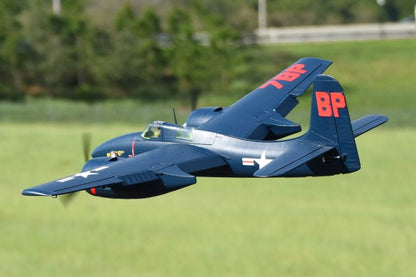 FMS 1700mm F7F Tigercat blue model airplane flying with red '7BP' markings.