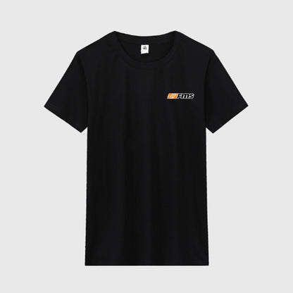 Black FMS Custom T-shirt with orange logo on front.